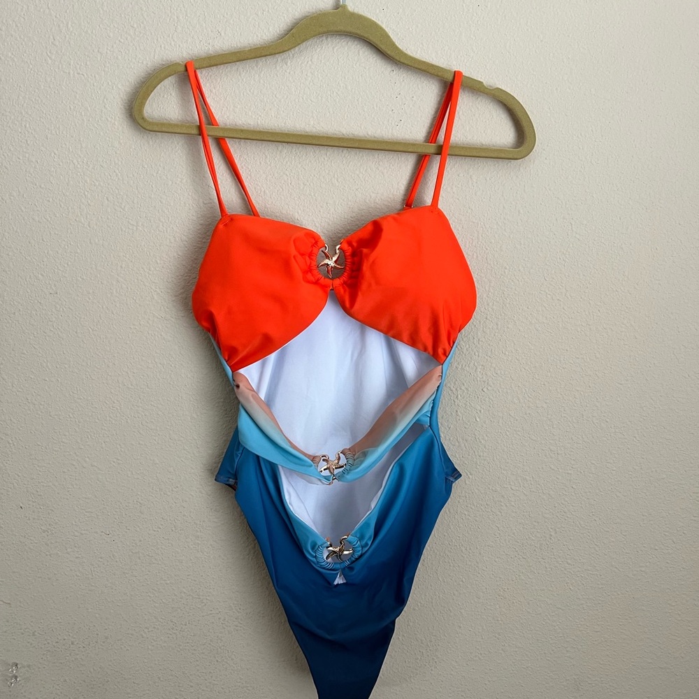 SHEIN Orange and Blue One Piece Swimsuit